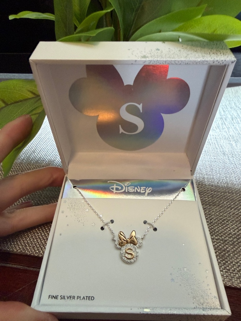 Disney Two-Tone Minnie Initial 'S' Necklace - Silver Pendant with Gold Bow
